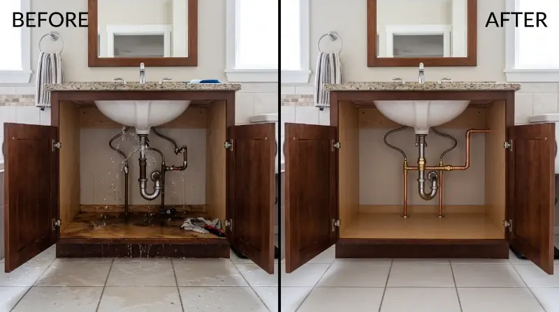 Before and after bathroom vanity angle stop valve failure pipe repair and restoration in Scenic Hill Kent WA 98030