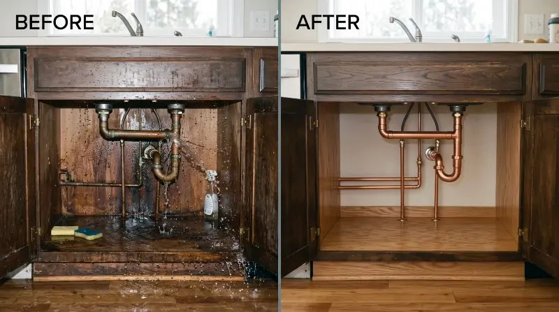 Before and after kitchen sink copper supply line burst repair and water damage restoration in East Hill Kent WA 98030