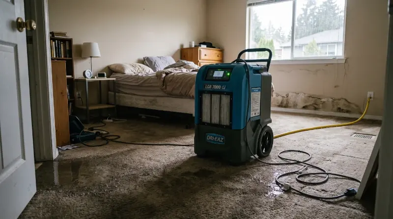 DriEaz LGR 7000 commercial dehumidifier running during structural drying of water damaged bedroom in Kent WA