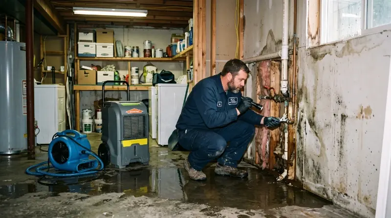 IICRC certified technician examining flooded basement burst pipe with dehumidifier and air mover running in Kent WA