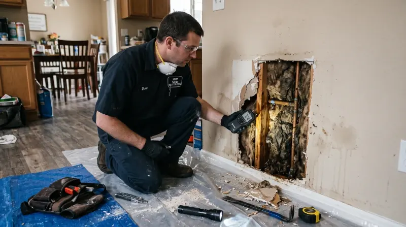 IICRC certified technician documenting wall cavity mold damage for insurance claim after burst pipe in Kent WA