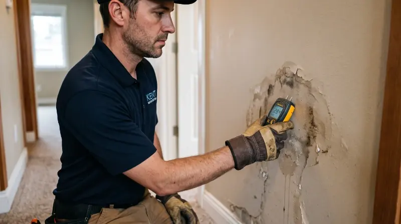 Restoration technician documenting moisture readings for insurance claim after burst pipe water damage in Kent WA