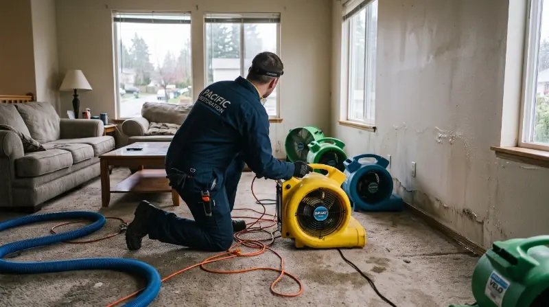 Restoration technician setting up commercial air movers for structural drying after burst pipe in Kent WA