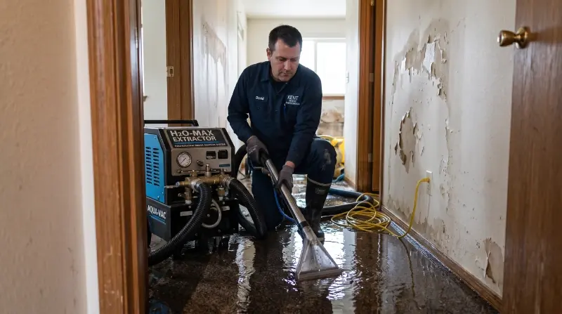 Technician extracting water from a flooded hallway during burst pipe water damage restoration