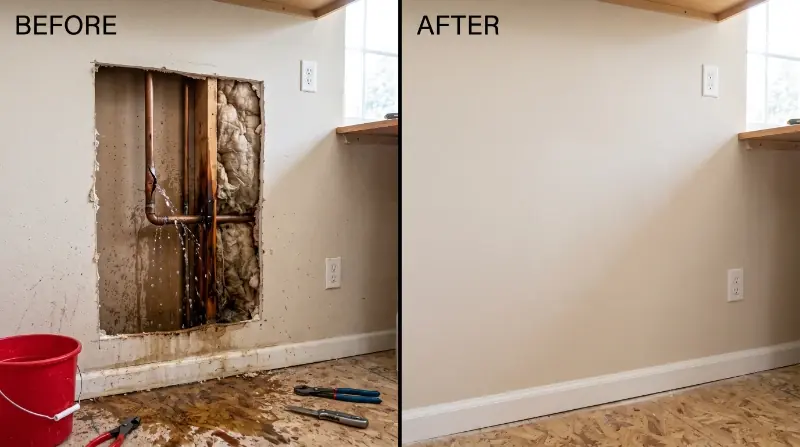 Before and after in-wall copper pipe leak restoration in East Hill Kent WA — drywall opened repaired and fully restored